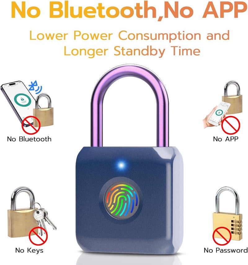 Pothunder Fingerprint Padlock, Smart Padlock, Locker Lock, Biometric Metal Keyless Fingerprint Lock, USB Rechargeable, for Gym Locker, Luggage, Backpack(Blue) - Image 3
